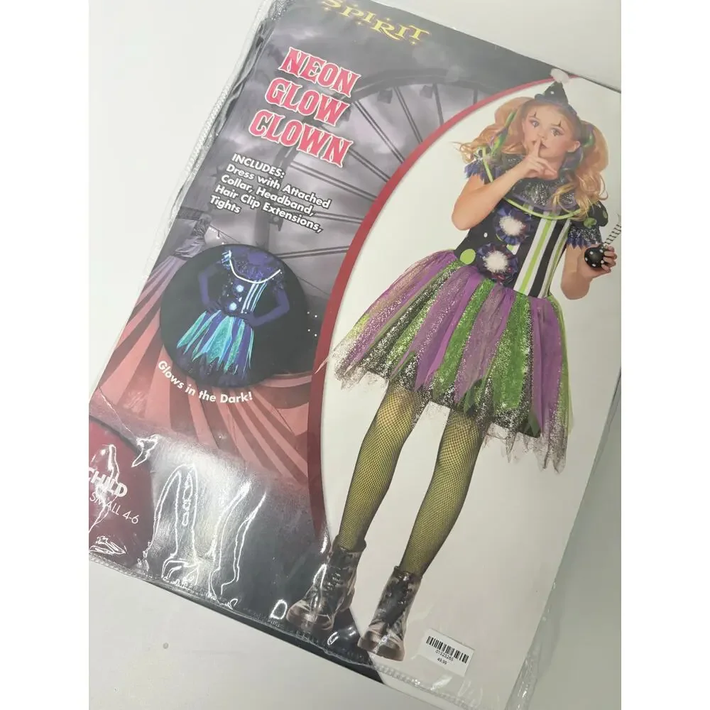 Girls Clown Costume Small Neon Glow In the Dark Halloween Dress Up